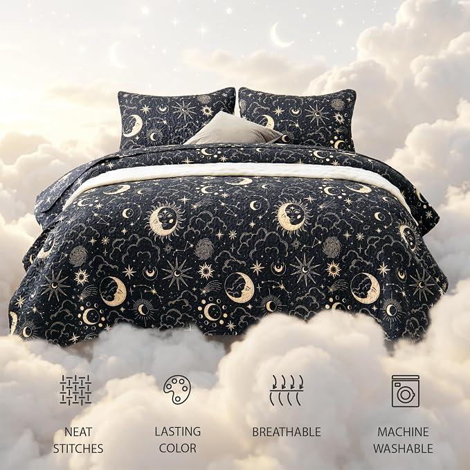 EXQ Home Quilt Set King Size Black Print Black Sun Starry Pattern | Soft Microfiber Bedspread, Breathable & Wrinkle-resistant Coverlet. All-season Use for Hot Sleepers. 3-pc Set with 2 Shams