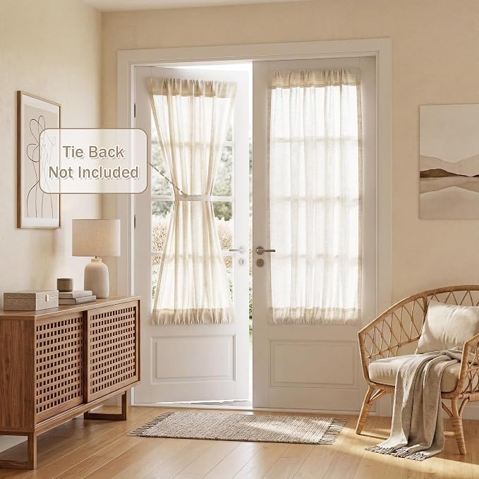 MYSKY HOME Linen French Door Curtains for Door Window 40 Inch Length 2 Panels Short Semi Sheer Light Filtering Curtain for Glass Small Window Drapes Rod Pocket for Bedroom Bathroom, Linen, 26" Wide