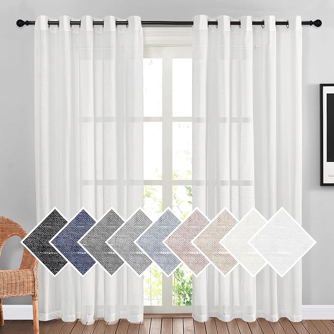 NICETOWN White Sheer Linen Curtains 84" Long, Grommet Top Privacy with Enough Light Through Semi Sheer Window Treatments Vertical Drapes for Living Room/Bedroom, 2 Pieces = 140" Wide