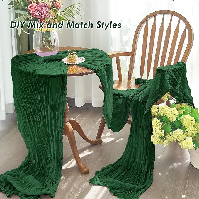 IVAPUPU Emerald Green Table Runner 120 Inch for Christmas Party Home Decor | 4 Pcs Boho Gauze 10FT Cheesecloth Table Runners for Wedding Baby Shower Decorations Summer Garden Farmhouse