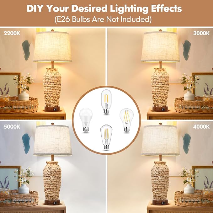 Set of 2 Rattan Table Lamps, 27in Tall Boho Table Lamps with 2 USB Charging Ports, Farmhouse Rustic Woven Seagrass Bedside Lamps for Living Room Bedroom Nightstand End Table, E26 Socket, Cream Shade