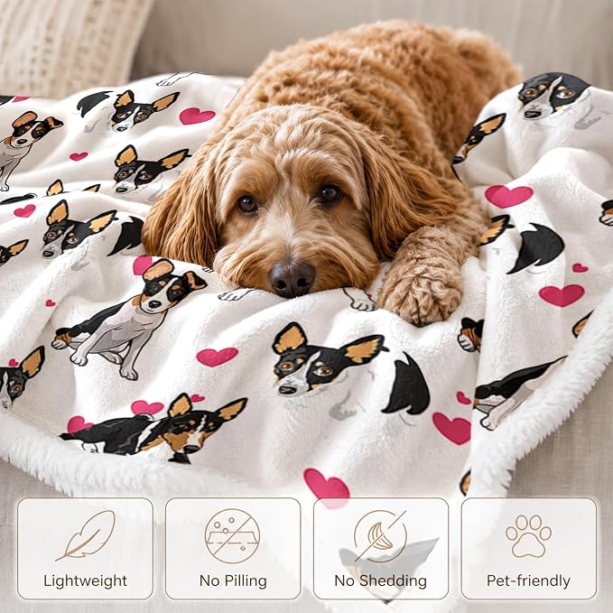 BlessLiving Throw Blanket, White Black Dog Pink Animal, 60x80 in | sherpa fleece fabric, Rat Terrier Dense Pet Blankets Puppy print, for couch or sofa, pet lovers, easy machine care