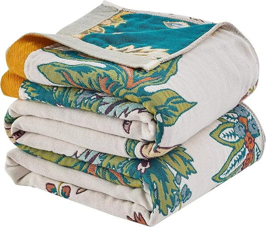 Boho Throw Blanket for Bed 100% Cotton Bohemian Blankets Ultra Soft Woven Muslin Decorative Blankets All Seasons Vintage Quilt Knitted Blanket for Sofa Chair(Beige, 80"x90")