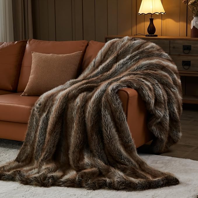 NEWCOSPLAY Faux Fur Thick Throw Blanket for Couch,Stripe Dark Brown,50"x60" | Luxury Fluffy Thick Warm Blanket for Couch Sofa Bed 1000GSM, Soft Plush Cozy Decorative Throw, Gift for Women Men