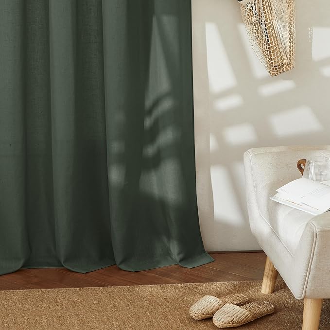 RYB HOME Linen Sheer Curtains 2 Panels for Living Room, Semi Transparent Privacy Drapes with Rod Pocket Farmhouse Style Window Treatments for Bedroom, Hunter Green, 52" W x 90" L