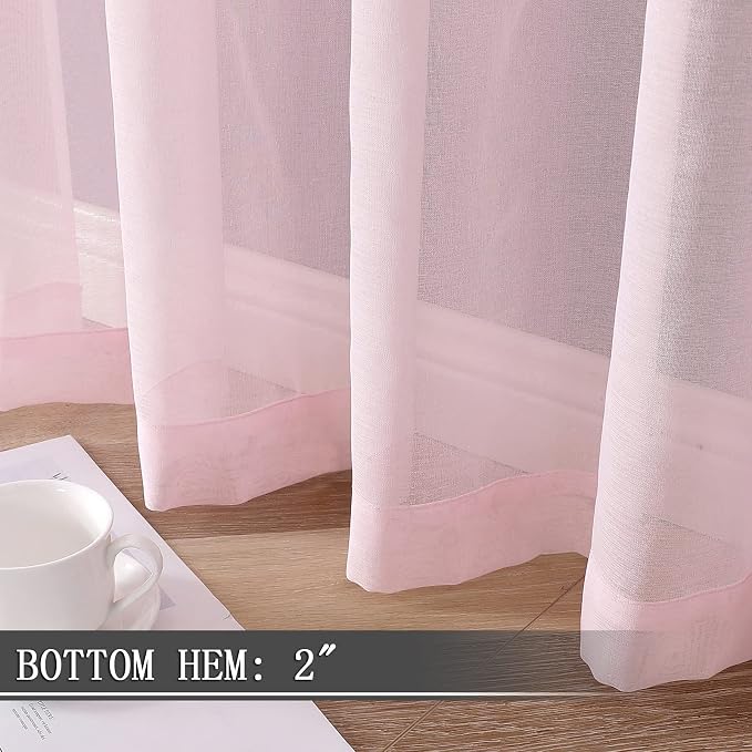 Tollpiz Short Sheer Tier Curtains Linen Textured Half Kitchen Curtain Sheers Light Filtering Rod Pocket Voile Small Curtain for Bathroom, 25 x 24 inches Long, Pink, Set of 2 Panels
