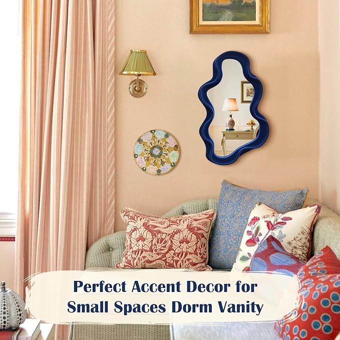 Irregular Wall Mirror Living Room Decor, Decorative Wavy Funky Mirrors with Flocking Touch, Modern Asymmetrical Mirror for Hallway Entryway Staircase Bathroom Bedroom (Dark Blue)