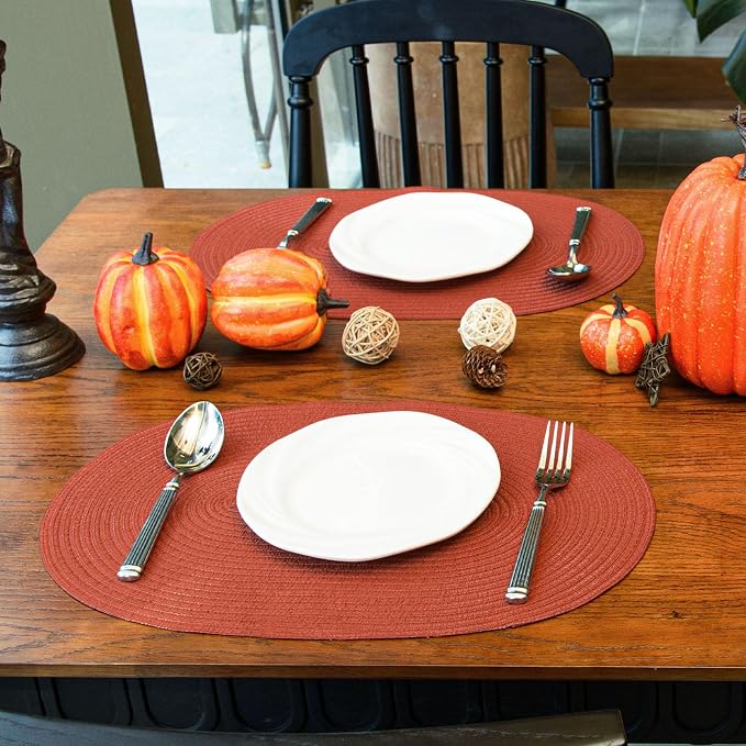 Placemats Set of 4, Woven Oval Braided Dining Table Mats(Rust Orange) | 12 x 17.5 Inch Size Fits Plates and Flatware; Hand Washable and Heat Resistant for Kitchen Use, with Farmhouse and Boho Style