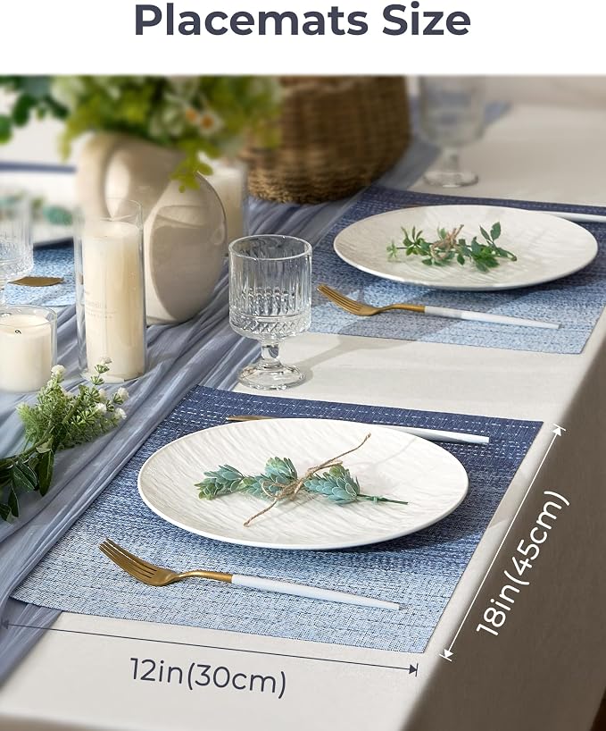 Leetaltree Gradient Blue Woven Placemats Set of 12 - Heat Resistant Non-Slip Place mats for Dining Table, Washable Durable PVC Vinyl Woven Table Mats(Gradient Blue, 12)