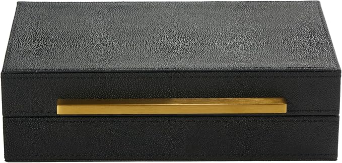Sagala Black Decorative Shagreen Box With Gold Handle, Keepsake Box Jewelry Organizer Box, Faux Leather Storage Box For Modern Home Decor (Black-Gold, 1pack)