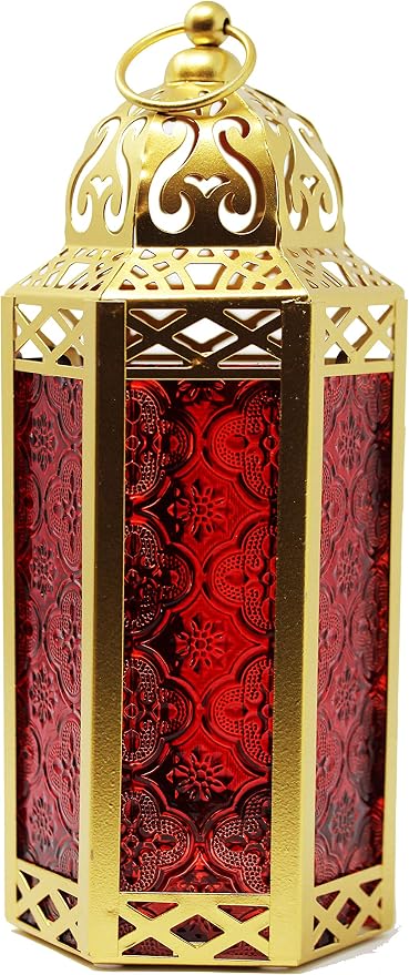 Vela Lanterns Decorative Indoor Moroccan Candle Holder, Gold Red, M | Ramadan Decorations for Home, Red Candle Lantern, Eid Table Centerpiece, Hanging Tealight Votive Pillar Holder, 10.5in