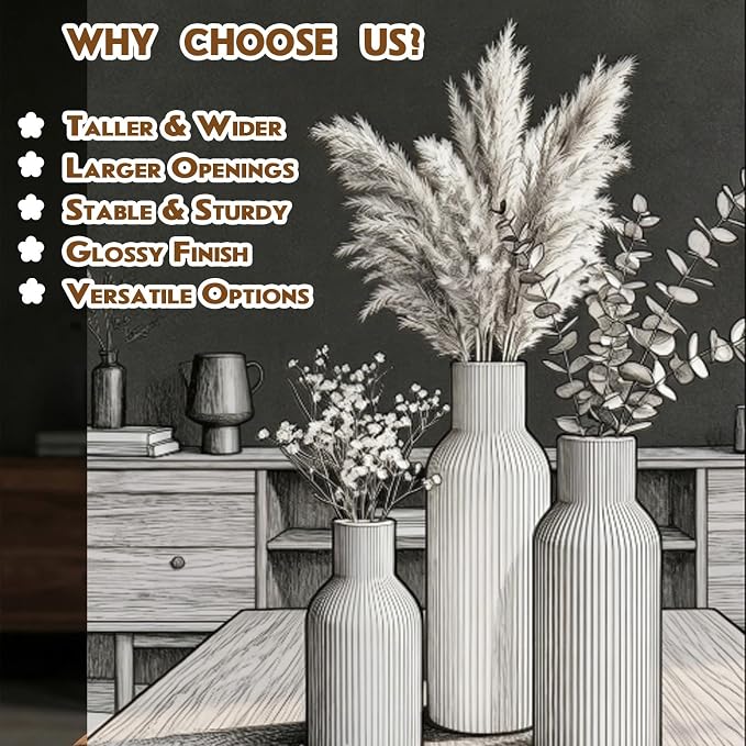 Colorful Ceramic Vases Set of 3,Smooth Vertical Ribbed, Minimalist for Pampas Dried & Fresh Flowers, Centerpiece for Living Room, Shelf, Entryway, Wedding (Black, Deep Green,Yellow)
