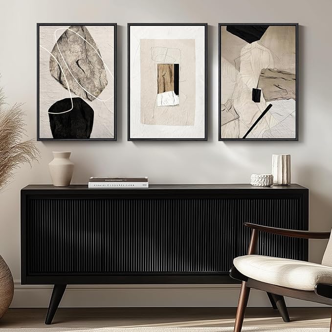 Large Framed Modern Neutral Abstract Wall Art, Set of 3, Total 60x30 In | Black and beige pictures, Canvas prints, Minimalist paintings, Artwork for walls, Wall decor for living room bedroom dining