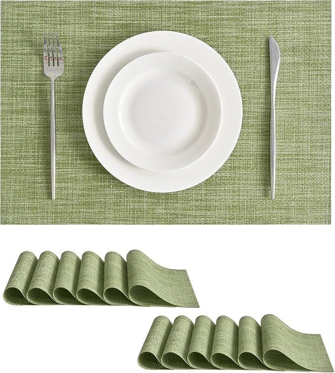 Leetaltree Bean Green Woven Placemats Set of 12 - Heat Resistant Non-Slip Place Mats for Dining Table, Washable Durable PVC Table Mats(Bean Green, 12)