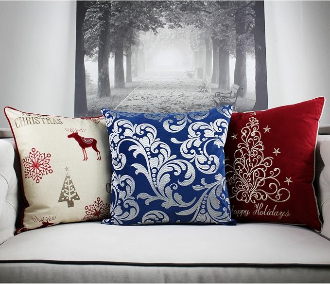 Embroidery Blue Velvet Throw Pillow Cover, Merry Christmas Series Silver Floral Luxury Soft Fuzzy Cozy Warm Slik Gift Square Couch Cushion Pillow Case 20 x 20 Inch, Cover Only