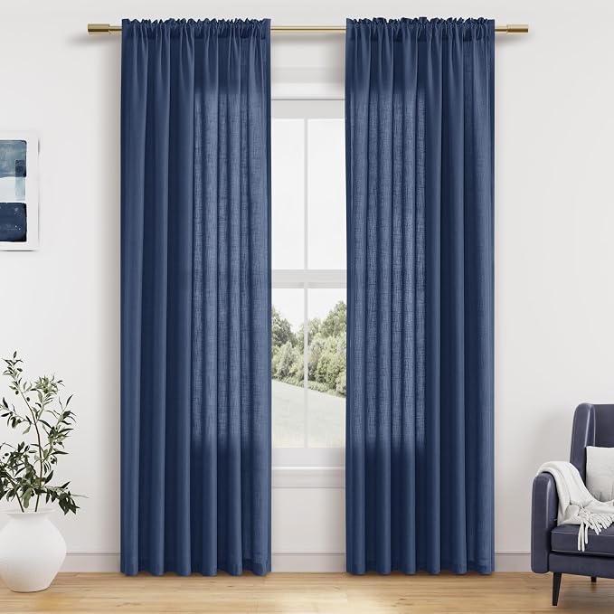 Denim Blue Linen Curtains 84 Inches Long 2 Panel Set Rod Pocket Semi Sheer Dining Room Cozy Bedroom Decor Cotton Look Country Rustic Farmhouse Boho Curtains 52x84