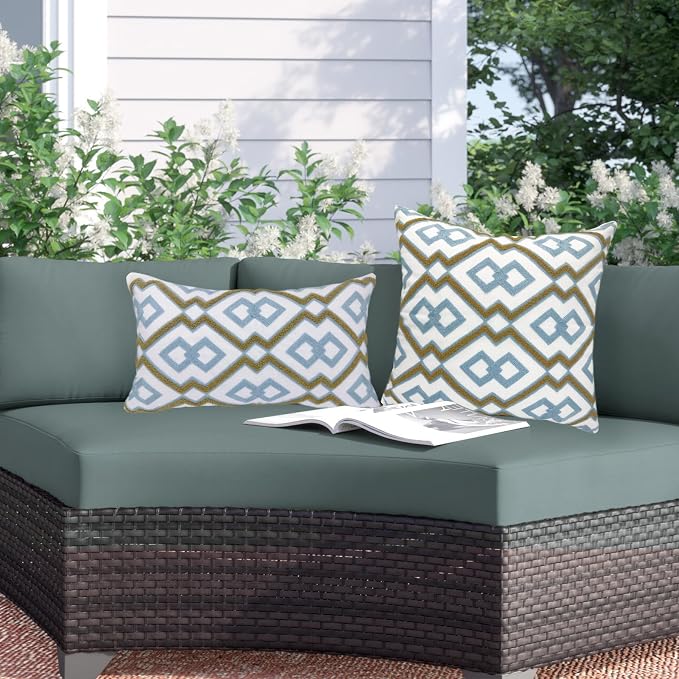Alysheer Boho Embroidered Throw Pillow Cover 18"x18" Set of 2, Blue Khaki