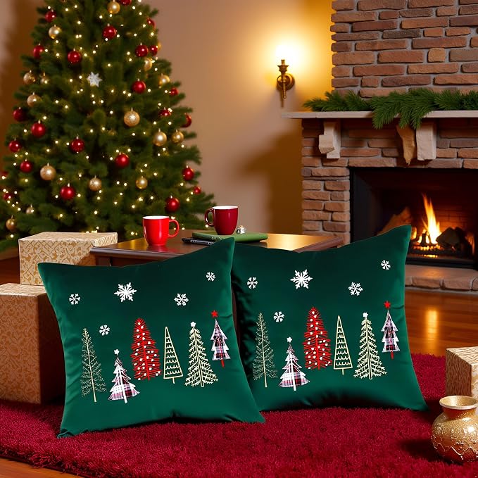 Christmas Embroidery Throw Pillow Covers 16x16 inch Set of 2 Xmas Dec Velvet Pillowcases Forest Green Christmas Tree Cushion Pillow Cases Soft Square Holiday Pillowcase