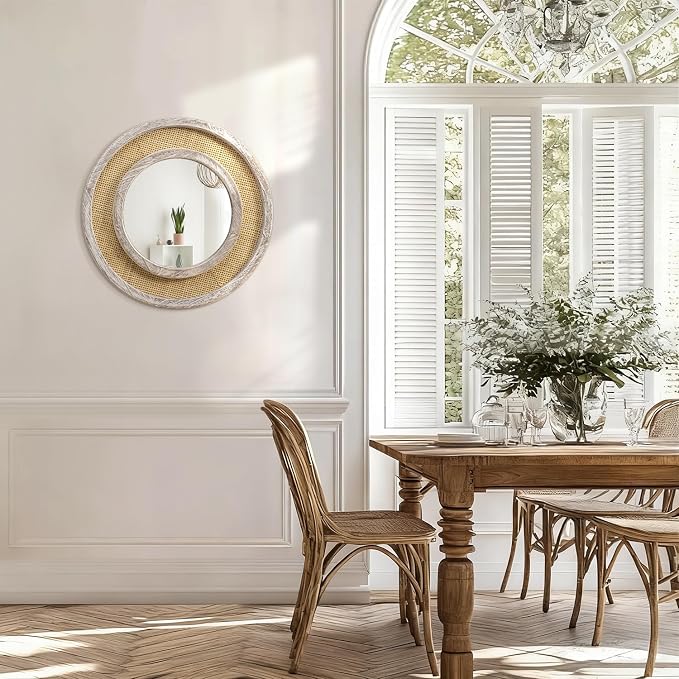JJUUYOU Round Mirror Wood Framed Circle Rattan Hanging Mirrors for Wall Rustic Decorative for Living Room Bathroom Bedroom Entryway White 16 Inch