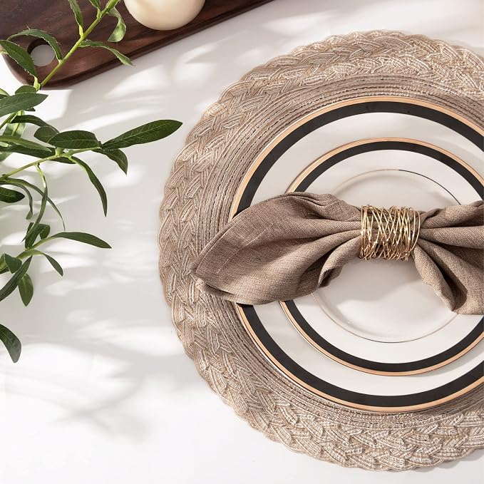 SHACOS Round Placemats Set of 4 Boho Braided Border 15 inch Circle Place Mats Washable Fabric Table Mats for Kitchen Dining Table, Beige (Pack of 2)