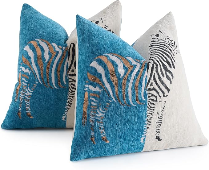 AmHoo Set of 2 Throw Pillow Covers Zebra Chenille Patchwork Decorative Pillows Cover Pillowcase for Sofa Couch Bed 18 x 18-Inch Mosaic Blue
