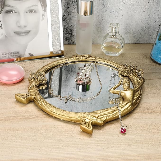 JUXYES Small Wall Mirror Decor Retro Gold Resin Beauty Girl Wall Mirror | Vintage Cosmetic Mirror with Decorative Frame - A Girl Looking In the Mirror, Unique Elegant Wall Mirror Gift for Women Girls