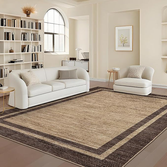 COZYLOOM Machine Washable Area Rugs 5x7 Bordered Rug for Kids Room Non Slip Non Shedding Contemporary Carpet Stain Resistant Low Pile Foldable Thin Mats for Living Room, Office, Brown
