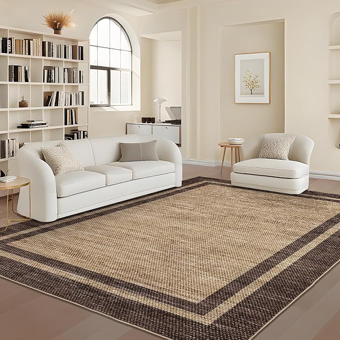 COZYLOOM 10x13 Area Rug for Bedroom Modern Washable Kids Room Rug with Rubber Backing, Stain Resistant Bordered Rugs Non Shedding Low Pile Minimalist Carpet for Living Room, Dining Room, Brown