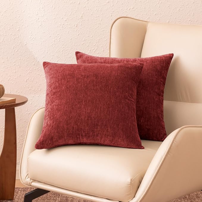 Amazon Basics Chenille Throw Pillow Covers, Home Decor Cushion Cover for Bedroom Living Room Couch Bed, 18" W × 18" L, Burgundy