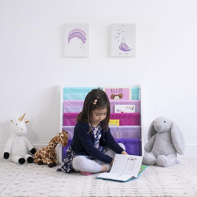 Humble Crew Kids Bookshelf, Montessori Front Facing Toddler Bookcase 4 Tier | Book display rack and reading nook organizer, nylon pockets show covers face out, compact for any playroom or bedroom space