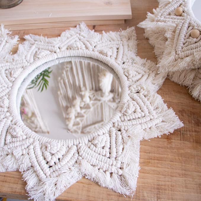 TENEWEE Small Macrame Boho Round Wall Mirror for Apartment & Rental Home | Handmade cotton, HD glass, easy hanging for entryway, dorm, bath & bedroom; farmhouse cottagecore wall small spaces decor
