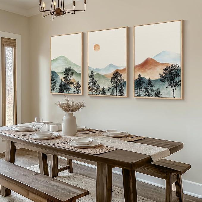 Framed Mountain Wall Art for Living Room, Boho Landscape Print, 24x36 Inch | 3 piece, Modern, Large, Watercolor, Nature picture, Sunset scenery, Mid century, Dining room decor, Ready to hang, Wood frame