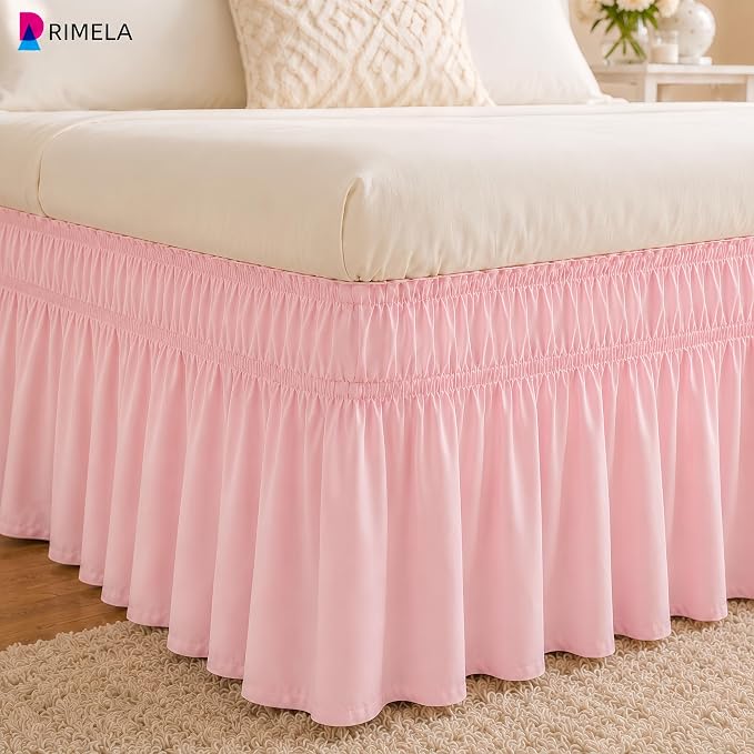 Pink Bed Skirt Queen Size 15 Inch Drop, Elastic Wrap Around Bedskirt | Solid Ruffled, Easy to Use, No Mattress Lifting, Wrinkle & Fade Resistant, with Adhesive Strips, Machine Wash/Dry/Iron