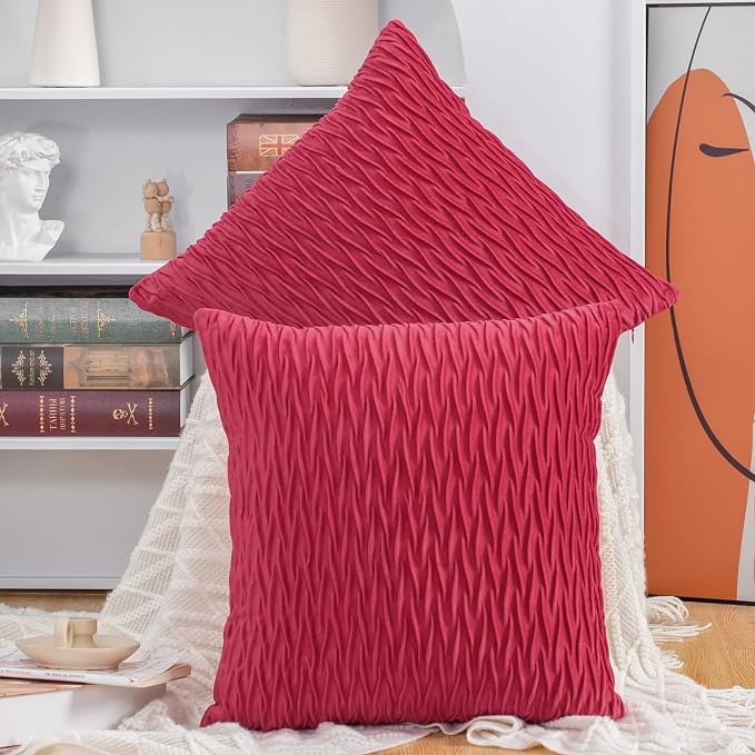 MADIZZ Set of 2 Super Soft Velvet Decorative Throw Pillow Covers 20x20 inch Red Square with Texture Luxury Style Cushion Case Pillow Shell for Sofa Bedroom