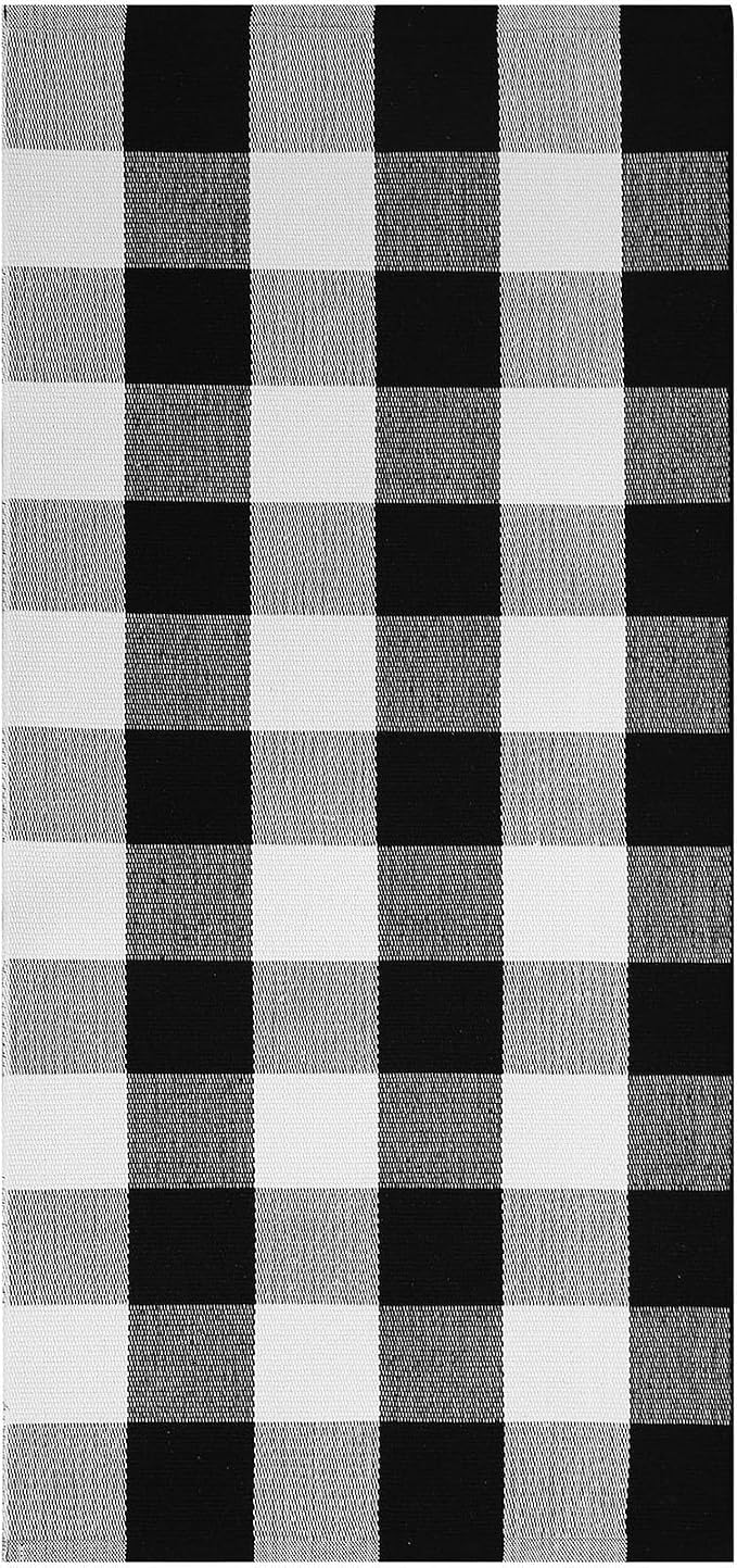 KOZYFLY Buffalo Plaid Rugs 2x4.3 Ft Black and White Rug Front Door Mat | Washable Front Door Rug, Woven Cotton Indoor Outdoor Rug, Front Porch Kitchen Entryway Patio Farmhouse Checkered Doormat