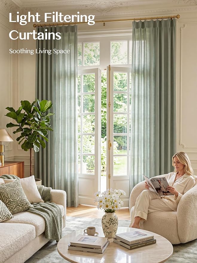 Liz Pinch Pleated Linen Curtains Light Filtering Curtains for Living Room, Farmhouse Window Curtains for Bedroom, Modern Drapes with Hooks and Rings, 95 Inches Long, Sage Green, 2 Panels Set