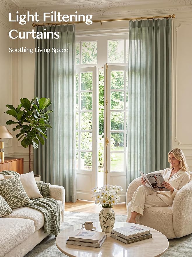 Liz Pinch Pleated Linen Curtains Light Filtering Curtains for Living Room, Farmhouse Window Curtains for Bedroom, Modern Drapes with Hooks and Rings, 102 Inches Long, Sage Green, 2 Panels Set
