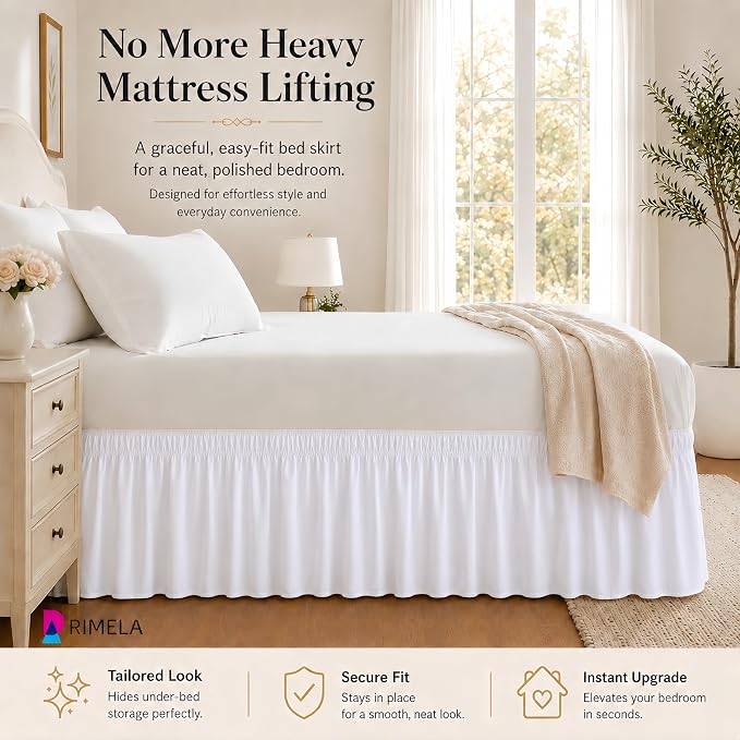 White Bed Skirt Queen Size 12 Inch Drop, Elastic Wrap Around Bedskirt | Solid Ruffled, Easy to Use, No Mattress Lifting, Wrinkle & Fade Resistant, with Adhesive Strips, Machine Wash/Dry/Iron