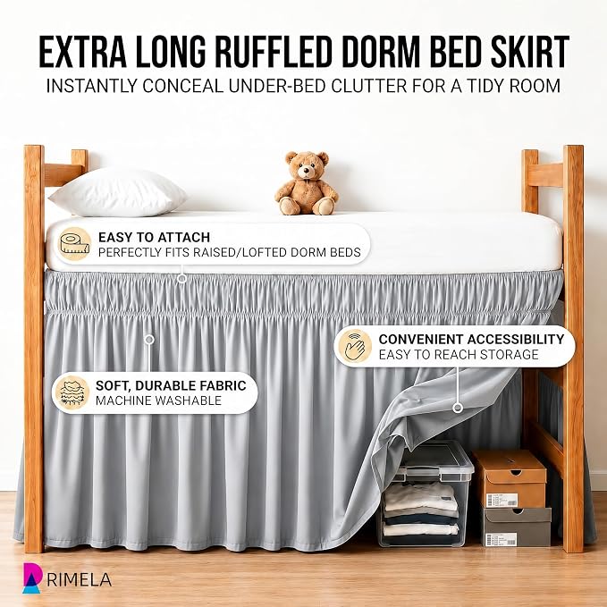 College Dorm Bed Skirt Twin XL 42" Drop, Slit Corner Bedskirt, Ice Grey | Solid ruffled, Wrap-around/elastic, Wrinkle & Fade resistant, with Adhesive Strips, Gift Packed, Machine Wash/Tumble Dry/Iron