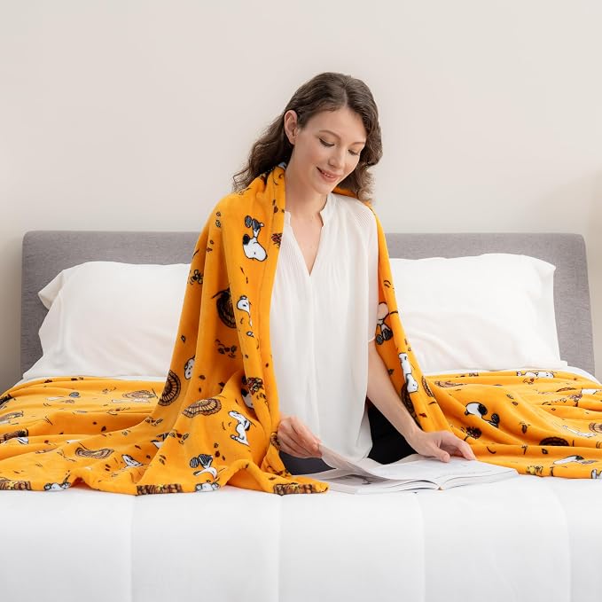 Berkshire Blanket Peanuts® VelvetLoft® Cute Character Snoopy Plush Blanket,Snoopy and Woodstock Fall Birds & Leafs Orange,King 90 in x 108 in (Official Peanuts® Product)