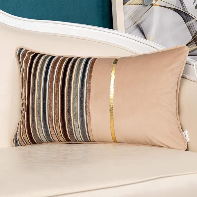 Yangest Brown Striped Patchwork Throw Pillow Cover Gold Leather Cushion Cover Zippered Rectangular Pillowcase for Sofa Couch Bedroom Living Room Home Decoration, 12x20 Inch