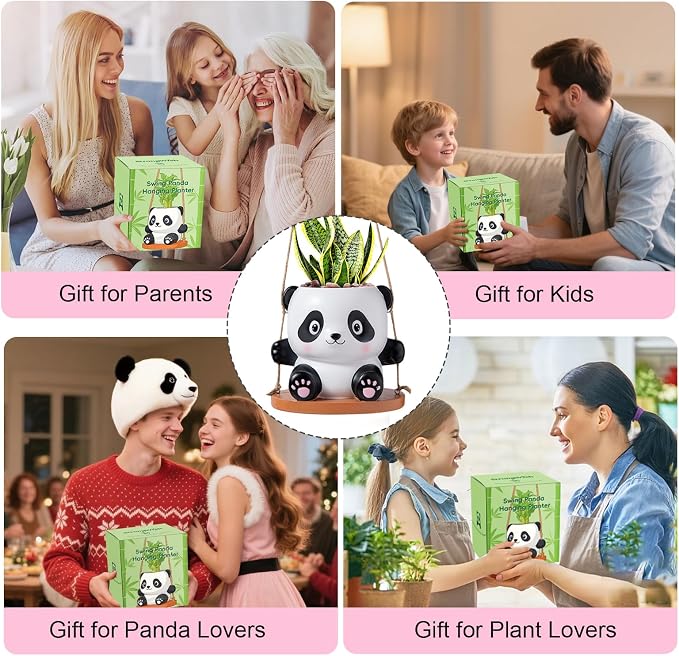 Swing Panda Hanging Planters for Indoor Plants, Cute Succulent Pots with Drainage Hole, Small Hanging Flower Pots Outdoor, Panda Gifts for Plant Lovers (Girl-Pink)