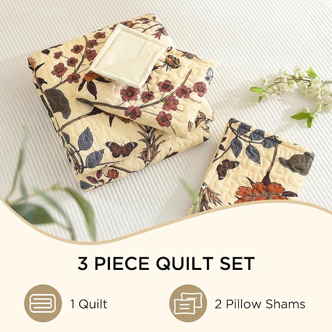 Litanika Floral Beige Quilt King - 3Pcs Botanical Birds Pattern Bed Set | Bedspread Summer Lightweight Soft Coverlet with Orange Flower for All Seasons(106"x96")