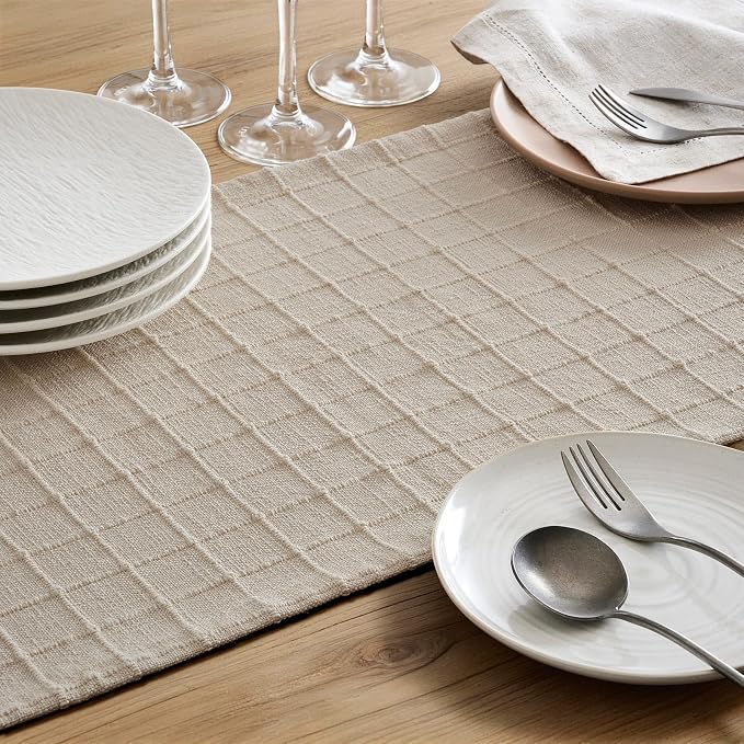 ZeeMart Artisanal Grid Linen Table Runner, 13x60 Inches Neutral Beige | Heavy Textured, Durable Thick Fabric, Farmhouse Handwoven Feel Linen Runner, Easy Care Table Decor for Kitchen Dining Room