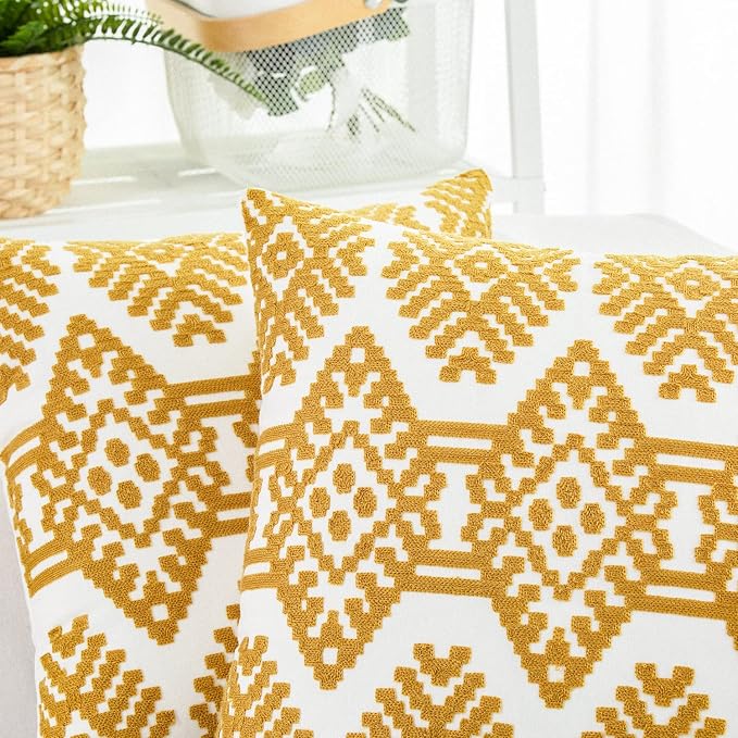 HWY 50 Mustard Yellow Decorative Throw Pillow Covers 18x18 Inch, Pack of 2 Embroidered Cotton Farmhouse Cushion Cover Pillow Case for Sofa Couch Living Room Bed Bedroon, Modern Diamond Geometric