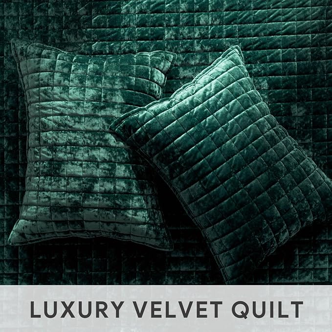 RECYCO Channel Box Stitch Velvet Quilt Set, Full Queen Size, Emerald Green | Ultra Soft Lightweight Velvet Comforter, Luxury Oversized Bedspread Coverlet, Quilted Bedding Set for All Season with 2 Shams