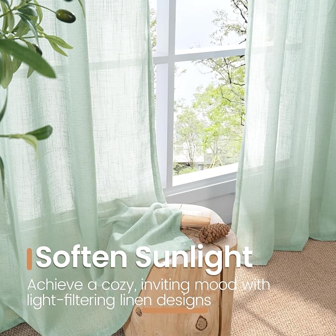 BGment Sage Green Linen Curtains 54 Inch Length for Short Window - Rod Pocket Drapes Light Filtering Sheer Textured for Bedroom Decorative Lightweight Natural Rustic, 2 Panels Set, 42 X 54 Inch