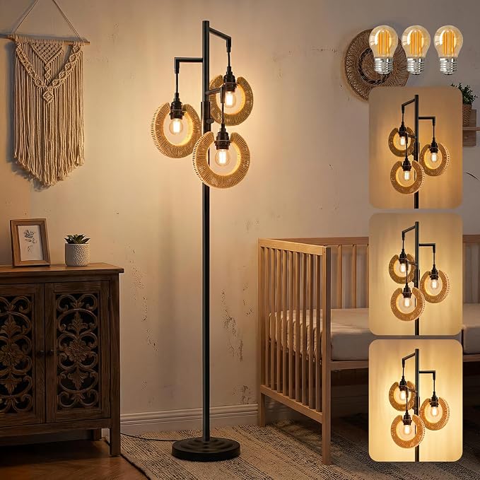 OYEARS 70" Boho Floor Lamps for Living Room, Stepless Dimmable Rattan Floor Lamp, Farmhouse Tall Lamps for Bedroom, Standing Tree Lamp for Office, Nursery, Rotary Switch, 3 LED Bulbs Included, Black