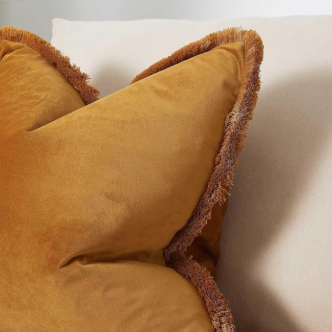 JUSPURBET Mustard Yellow Velvet Throw Pillow Covers 20x20 Inch Set of 2 with Soft Tassel Fringe Luxury Boho Pillowcase for Sofa Couch Bed Home Decor Machine Washable