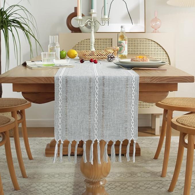 Wracra Rustic Linen Table Runner, Grey Table Runners 72 inches Long | Raised Embroidered Hollow Design and Hand-Tassels;Cotton Linen Woven Fabric; Farmhouse Table Runner;Home Dining Decor